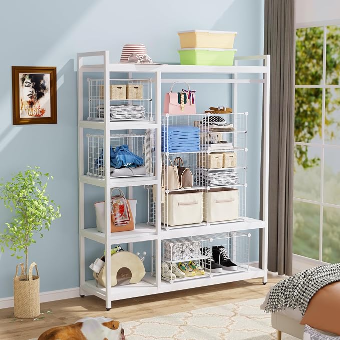 C&AHOME Wire Cube Storage Unit,Interlocking Metal Wire with Divider, White | Modular Cabinet with Plastic Panels Bookshelf Stackable Closet Organizer with Small Hooks