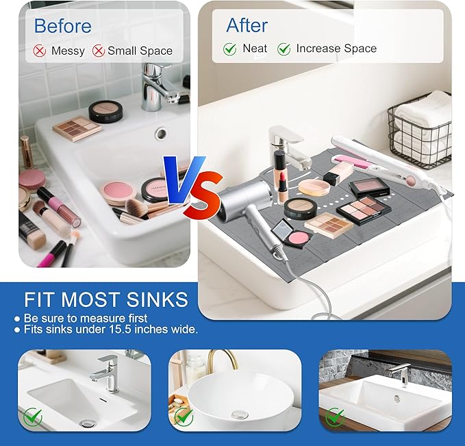 Mofason Large Bathroom Sink Makeup Mat Space Saver,Silicone Makeup Organizer Cover for Over Countertop,Small Bathroom Must Haves Accessories Rv Camper Travel Foldable Gadgets-Grey.