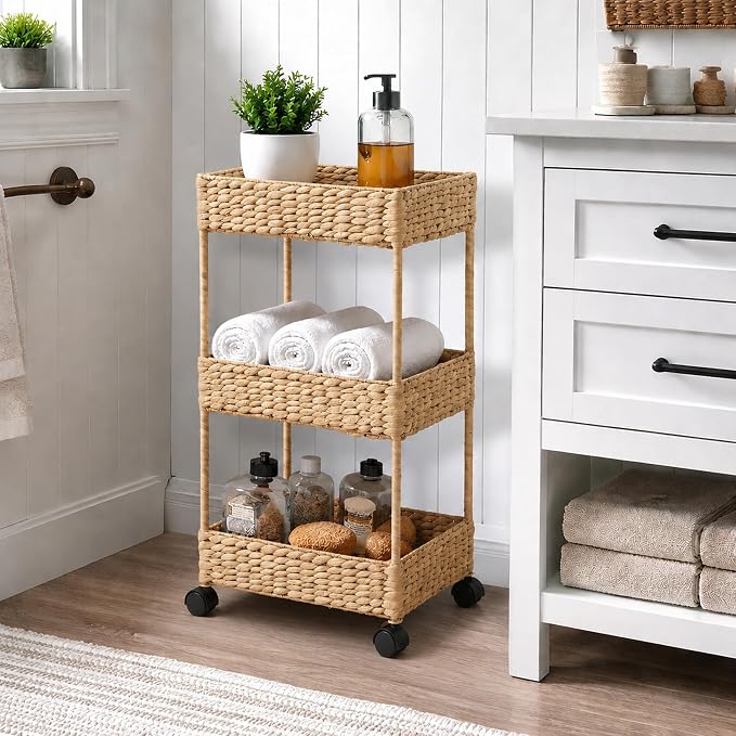 Casafield 3-Tier Rolling Storage Cart - Natural, Water Hyacinth Nursery Caddy, Utility Cart for Bathroom, Craft Room, Laundry Room Organization