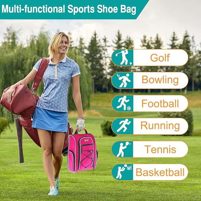 Wolt Golf Shoe Bag - Sports & Travel Shoes Carrier Bags with Ventilation & Double Outside Accessory Pocket for Socks, Tees, Golf Balls, Etc. for Women and Men (Pink)