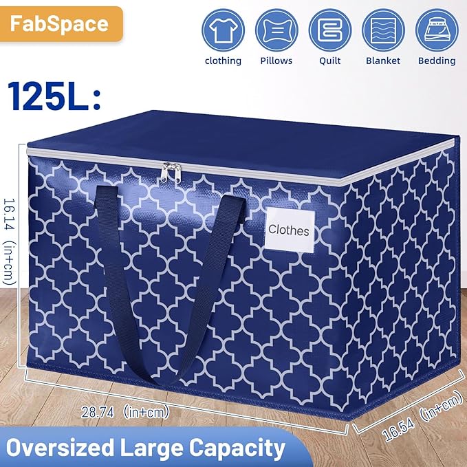 Fabspace Moving Bags, Extra Large Moving Supplies, Heavy Duty Storage Bags, Packing Bags with Reinforced Zippers & Handles, Collapsible Packing Boxes, Storage Totes for Moving, Packing, 125L, 4 Packs