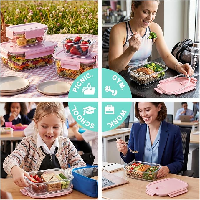 8 Pack Glass Meal Prep Containers with Lids, Glass Food Storage Containers with Snap Locking Lids, Airtight Lunch Containers for Microwave, Oven, Freezer and Dishwasher BPA Free (Pink)
