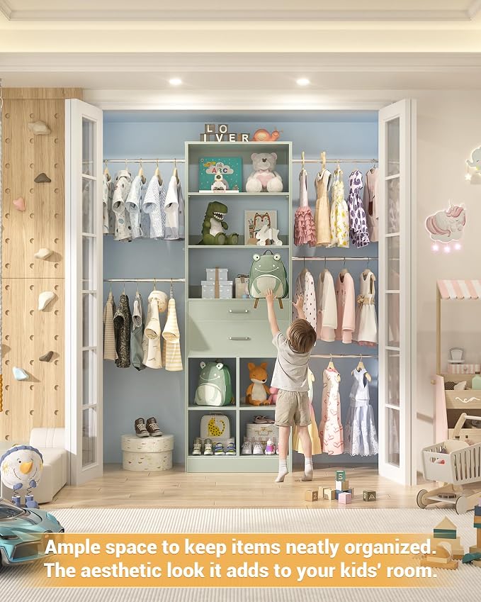 Small Closet System, 3.2-6.8FT Small Closet Organizer with 2 Wooden Drawers & 5 Hanging Rods, Can Fit 37.5 to 81.9 inch Walk-in Closet System, Built-in, Crab Green, Enclosed Storage Volume 2.32 ft³