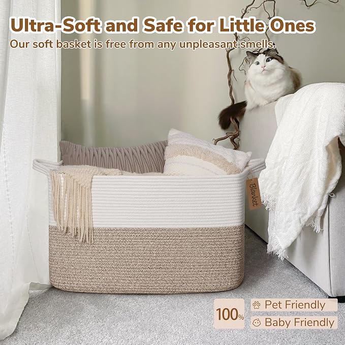 Goodpick Woven Storage Basket, 22”x17”x12” Large Blanket Storage for Living Room, Rope Baskets for Organizing, Rectangle Nursery Toy Box With Handles, Brown and White