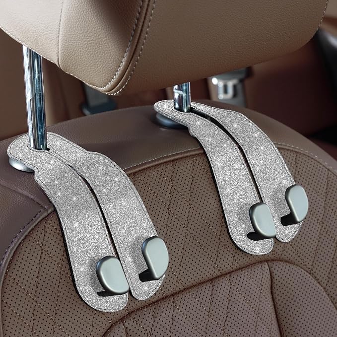 CoBak Purse Hook for Car - Universal Premium Stitched Leather and Aluminum-Magnesium Alloy Double Car Seat Back Storage Hook for Purses, Handbags, Bags (2 Pack),Silver Glitter