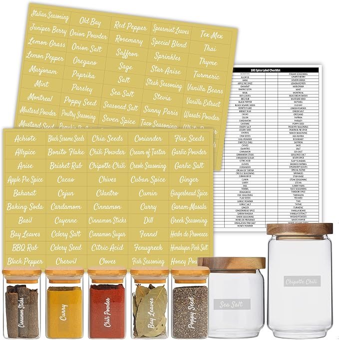 Mintitude Clear Spice Jar Labels, Preprinted Waterproof Small Stickers for Organizing Kitchen and Pantry Herbs/Seasoning with White Text (Spice)