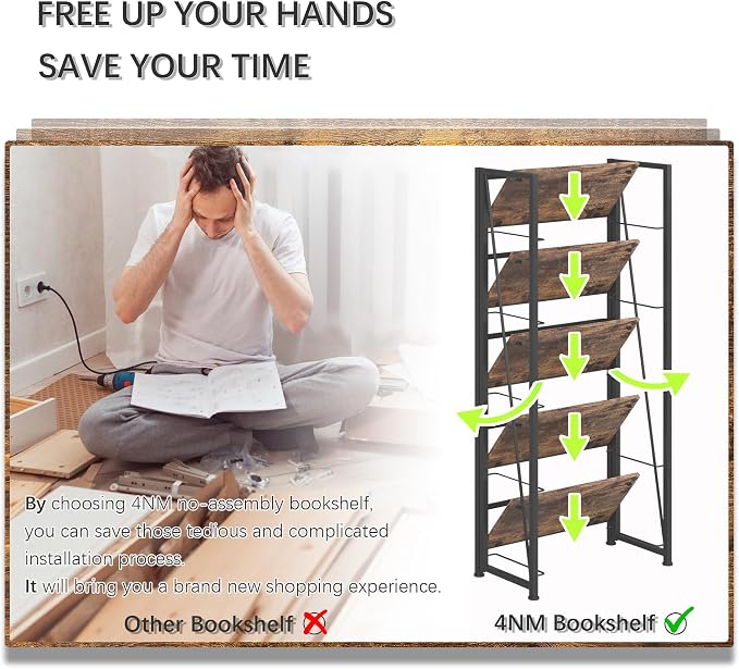 4NM No Assembly Folding Bookshelf, 5-Shelf 62.2" H Collapsible Foldable Bookcase Storage for Small Spaces, Rustic Brown and Black