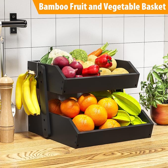 Gmtsl Bamboo Fruit Basket for Kitchen, Fruit Holder for Kitchen Countertop | 2 Tier Fruit bowl for Kitchen Counter, Fruit Stand, Vegetable Basket Storage, Produce Organizer, Bread Snack Display(BLACK)