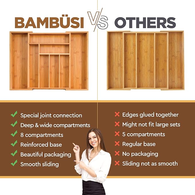 Bamboo Drawer Organizer - 8 Compartment Expandable Silverware Organizer and Utensil Holder, 17 Inch Long, 13 to 22 Inch Wide, 2 Inch Deep Kitchen Cutlery Tray Insert for Flatware Knives Large Utensils