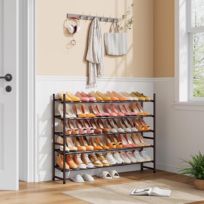 Tajsoon Expandable Shoe Rack for Closet 5 Tier, 28“-41“Stackable, Bronze | Adjustable Shoe Organizer Closet Shoe Rack Floor, Metal Shoe Shelf Storage for Entryway, Closet, Garage, Front Door Entrance