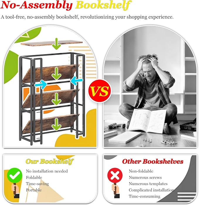 UDD 4 Tier Wide Folding Bookshelf No Tools Assembly, 34.5" H x 30.9" W, Foldable Book Shelf Vintage Collapsible Bookcase, Industrial Storage Shelves for Bedroom Office Living Room, Rustic Brown Black