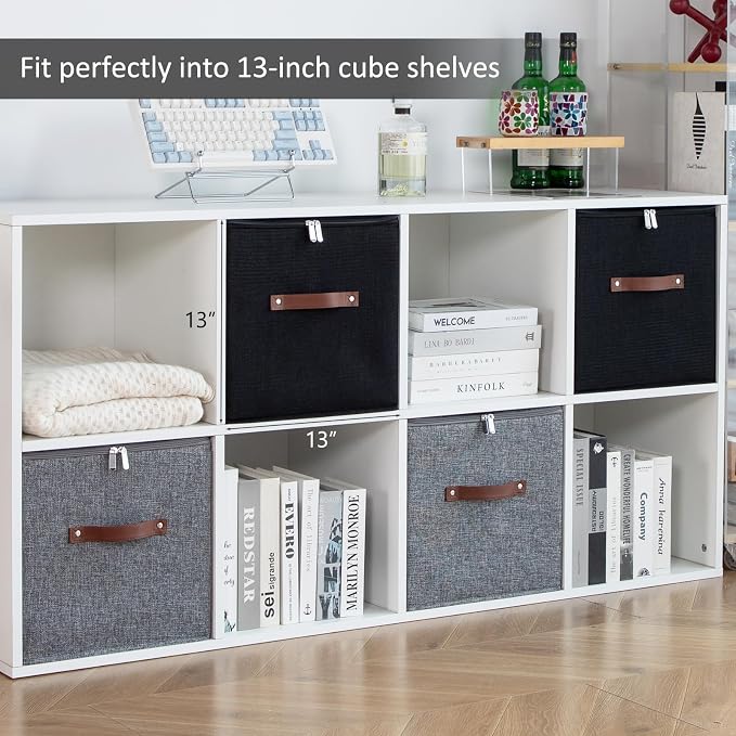 2PCS Large Storage Cubes with Zippered Lids 3 PU Leather Handles | Fabric Storage Bins Boxes Cotton Linen Decorative Foldable Washable Lidded Shelf Closet Organizer Container (Gray, 13 Inch)