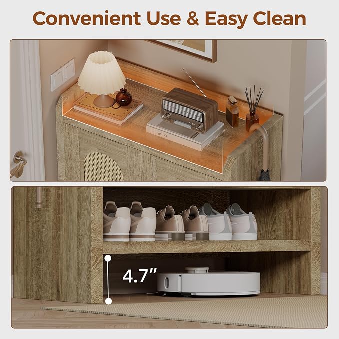 Mericonia 6-Tier Shoe Cabinet Storage for Entryway, Rattan Shoes Organizer Cabinets with Doors, Wooden Shoe Rack, Farmhouse Boho Wood Storage Cabinet (Natural, 6-Tier)