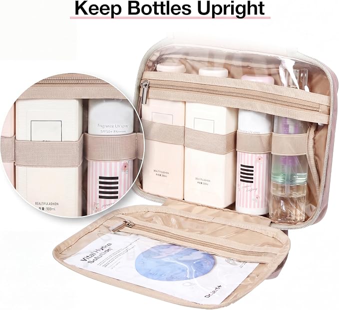 BAGSMART Toiletry Bag Hanging Travel Makeup Organizer with TSA Approved Transparent Cosmetic Bag Makeup Bag for Full Sized Toiletries, Medium-Pink