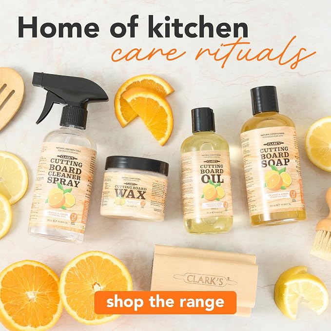 CLARK'S Natural Cutting Board Spray Cleaner with Microfiber Cloth,12oz (Pack of 2) - for Wood Countertop - Filtered Water, Distilled Vinegar, Castile Soap, Lemon & Orange Citrus Oil Extracts