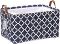 Sea Team Moroccan Lattice Pattern Canvas Fabric Storage Basket Collapsible Geometric Design Storage Bin with Drawstring Cover and PU Leather Handles, 16.5 by 11.8 inches, Waterproof Inner, Dark Blue