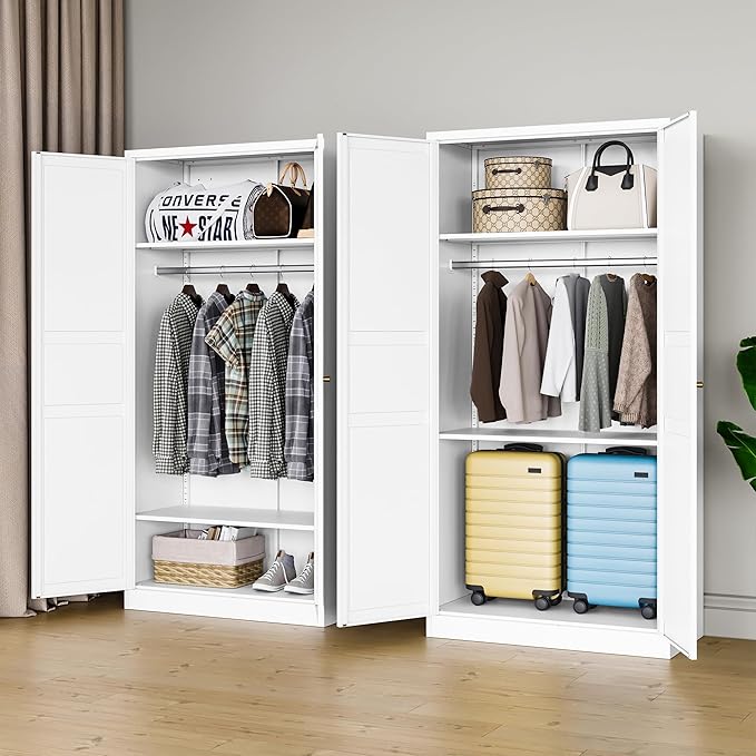 MIIIKO Wardrobe Closet with 2 Doors, 72" Metal Clothing Storage Cabinets with Hanging Rod, Bedroom Armoires Laundry Room and Office Clothes Storage Organizer Cabinets