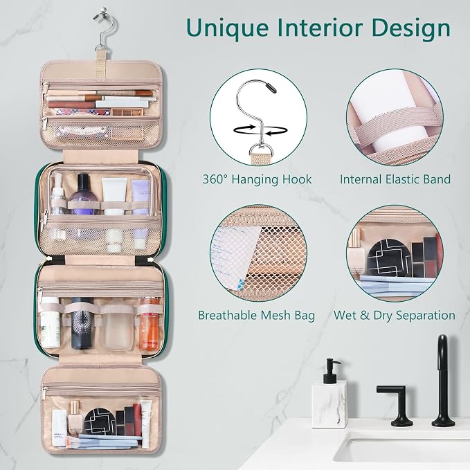 Wedama Toiletry Bag for Women, Hanging Travel Toiletry Bag with Jewelry Organizer Compartment Large Makeup Bag, PVC Waterproof Cosmetic Travel Bag Trips Camping Bathroom, Green+Brown