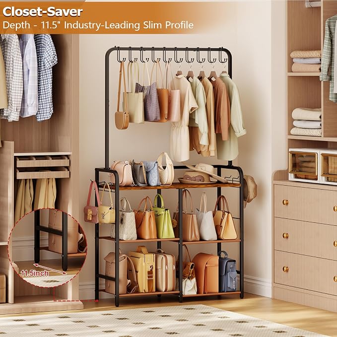 Large Purse Organizer for Closet, 3-Tier Double Row Purse Rack Stand with Hooks, 11.5" Depth Handbag Storage for Narrow Spaces, Sturdy Floor Standing Purse Shelf for Bedroom & Entryway, Black