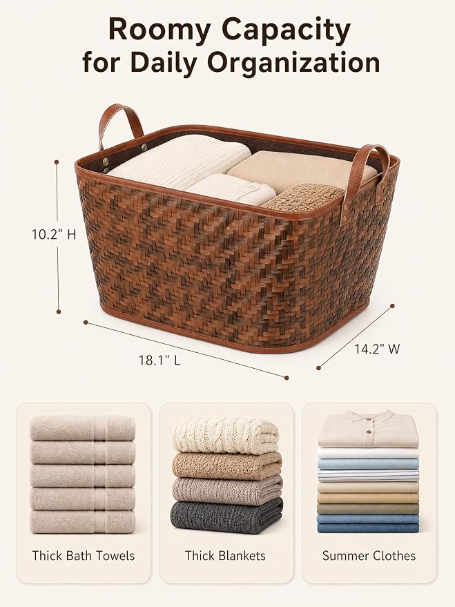 BROWNLILY Oversized Storage Baskets Laundry Hampers with Structured Frame & Supported Bottom, Extra Large Closet Bins for Shelves Blankets Car Bedroom Bathroom Organizers (Pack of 4, Brown)