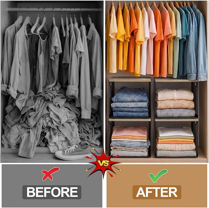 AceOrbit 3 Pcs Widened Stackable Closet Organizers and Storage with Wood Foldable Top Metal Cube Closet Shelf DIY Space Saving Linen Cloth Shoe Bed Sheet Bin for Wardrobe Bedroom (12"x12"x12", Lights)