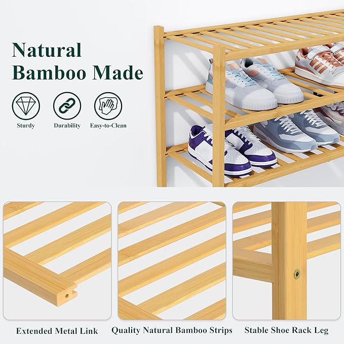 Smiry Bamboo Shoe Rack, 6 Tier Free Standing Wooden Shoe Organizer, Stackable Wood Shoe Storage Shelf for Closet, Entryway, 14 Vertical Slats, 2+2+2 Stack Heavy-Duty Legs, 26.8"x11"x39", Natural