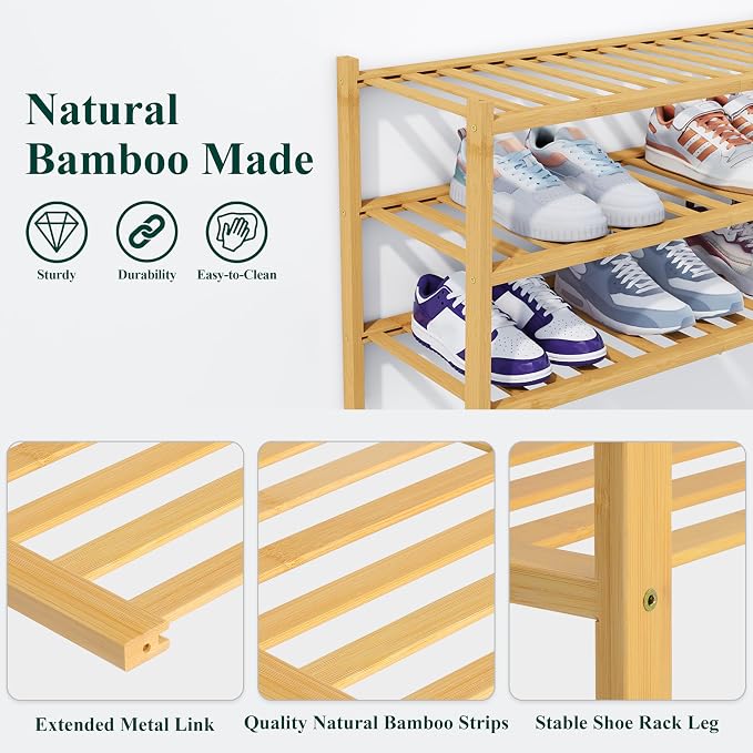 Smiry Bamboo Shoe Rack, 2 Tier Free Standing Wooden Shoe Organizer, Stackable Wood Shoe Storage Shelf for Closet, Entryway, 14 Vertical Slats, One-piece Heavy-Duty Legs, 26.8"x11"x13", Natural