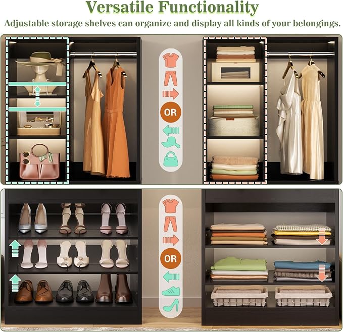 Besiost Closet System with 2 Drawers, 3 Hanging Rods, 59.5" * 31.5" Closet Organizer System with Corner Tower, Reversible L Shaped Walk-in Closet System, Corner Closet System Set of 2, Black