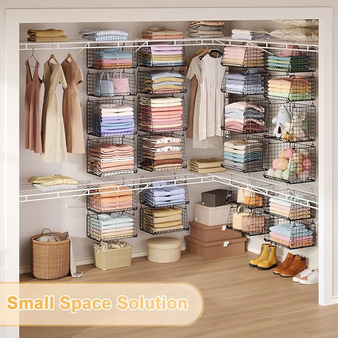 Lyuwanxian 4-Tier Hanging Closet Organizer with 360°Rotating Hooks – Foldable Hanging Shelves for Small Spaces, Wire Storage Basket, Closet Organizer System, Black