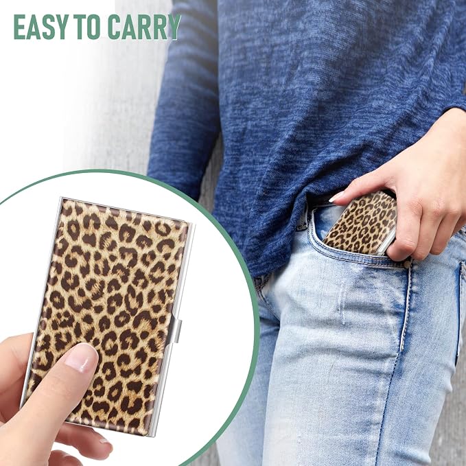 Swooflia Business Card Holder Case for Women Men Metal Leopard Slim Pocket Business Card Purse Cute for Realtors Real Estate Agents