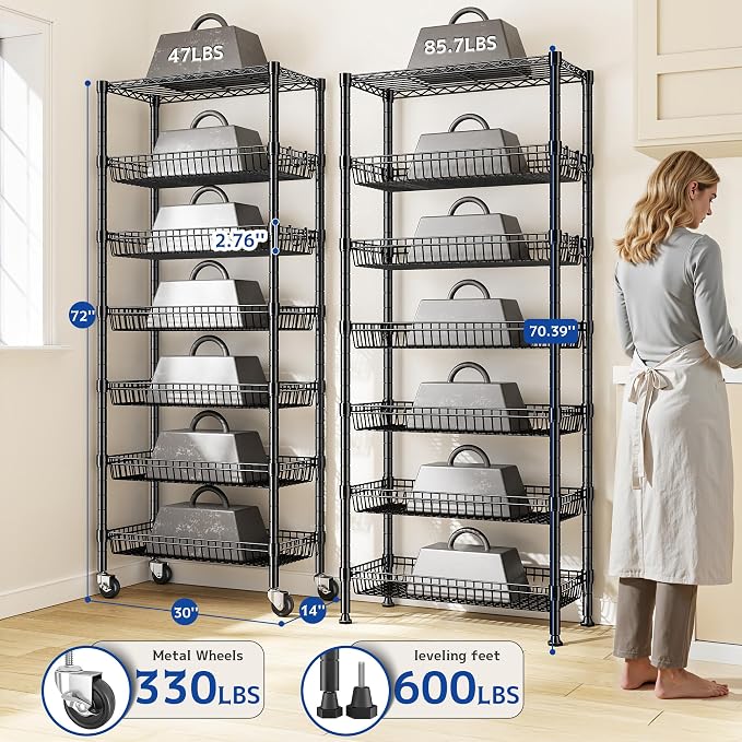 DurayLoly 7-Tier Wire Shelving Unit with Basket Shelf & Locking Wheels, Storage Shelves with Hooks for Space-Saving Kitchen Pantry Bathroom Closet Organizer, 72" H x 30" W x 14" D, Black