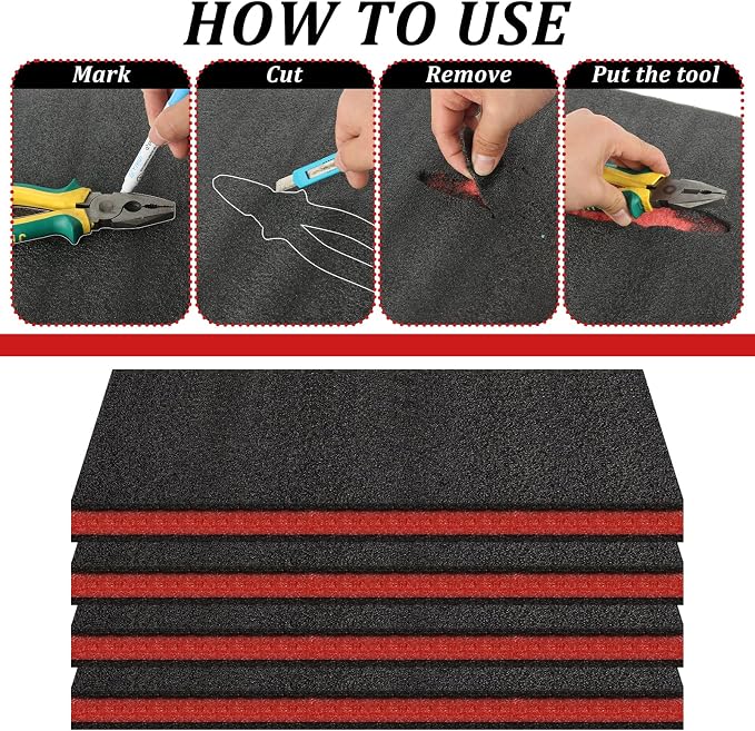 6 Pack Tool Box Foam Inserts for Cases,Tool Box Liner Polyethylene Sheets, Toolbox Kaizen Organizer and Storage Shadow(18 x 12 x 1 Inch,Red, Black)