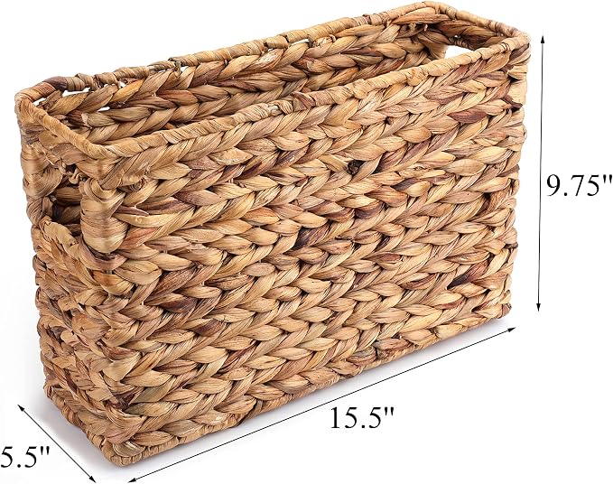 Yesland Hand-Woven Narrow Water Hyacinth Holder Wicker Basket, 15.5 x 5.5 x 9.75 Inch Decorative Magazine Storage Basket Bin for Home, Office, Desk