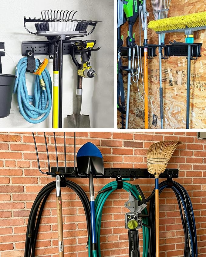 Garage Tool Organizer Wall Mount, 64in Tool Rack, 560LBS Capacity | Solid Steel, 12 Hooks in 4 Types, Rustproof Waterproof, Soft Anti-Scratch Hooks, With Storage Straps, For Garden Tool Storage