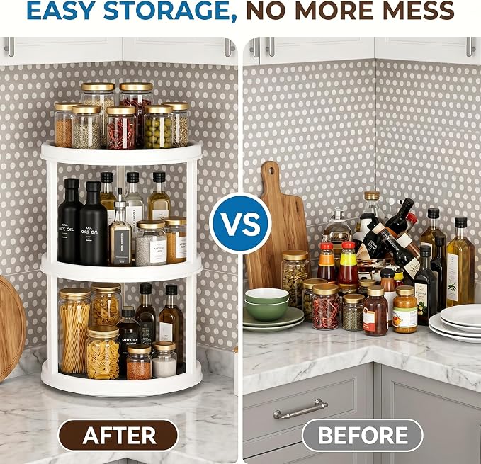 Yesland 3 Tier Lazy Susan Turntable - 12'' Round Tiered Rotating Kitchen Spice Organizer and Non-Skid Organization Storage Container - Tiered Tray for Fruit, Snacks, Cosmetic, Pantry, Bathroom(Grey)