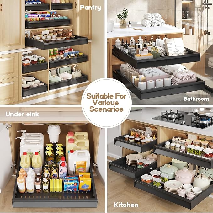 Seinloes 2 Pack Pull Out Cabinet Organizer With Raising Pad for Framed Cabinets,Expandable Width (13"-21") and Depth (17"-24"),3 Slide Rails Slide Out Drawers with Handle,No-Drill Roll Out Shelf,Black