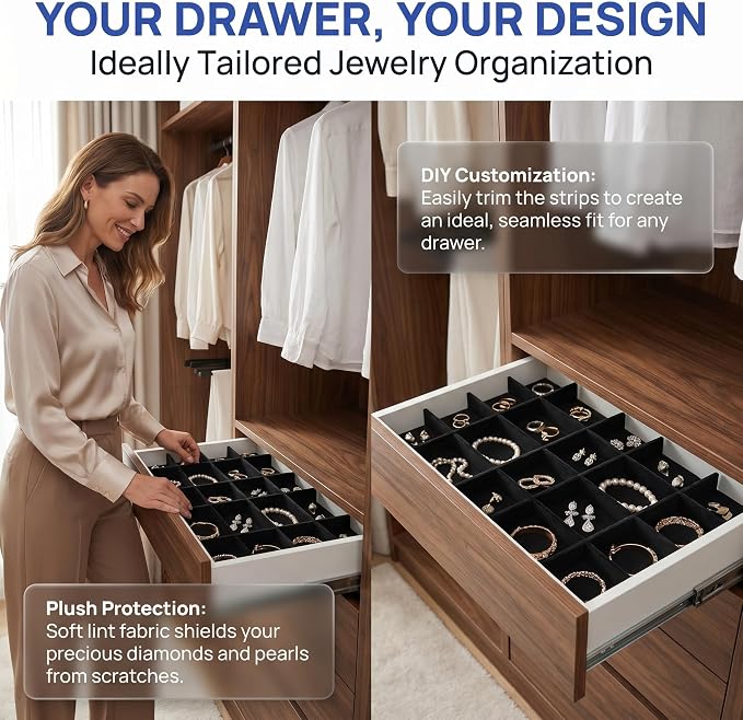 Veemoon 1 Set Jewelry Tray Dividers, 13.17 Inch Black Lint Inserts, Drawer Storage Organizer Ring Earring Necklace Display