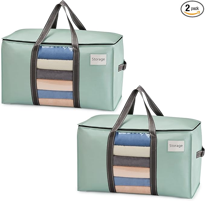 VENO 2 Pack Moving Bags with Clear Window, Heavy Duty Storage Bins with Lid, Around Handles, Tag, Zippers, Extra Large Totes Packing Moving Boxes Supplies for College Dorm Clothes (Light Green)