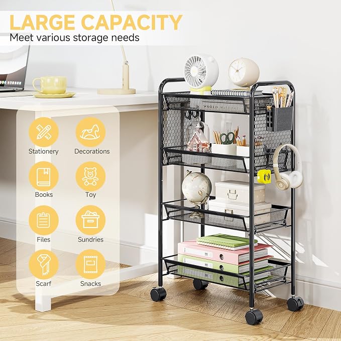 4 Tier Metal Rolling Utility Cart - Heavy Duty Storage Trolley with Pegboard, 4 Hooks & 1 Bin, Mobile Organizer Shelves for Bathroom Kitchen Office Craft Room Laundry, Black