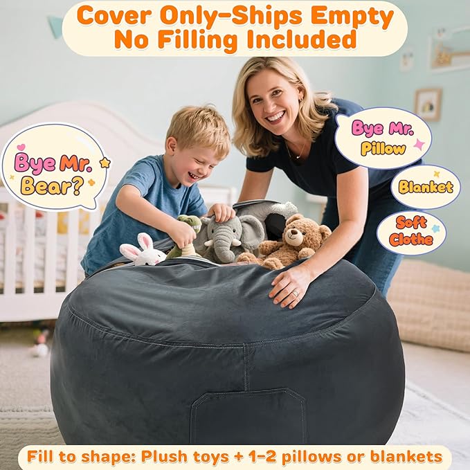 Lukeight Stuffed Animals Storage Bean Bag Chair Cover Only (Ships Empty, No Filling) - Velvet YKK Zipper Beanbag Cover for Teens and Adults, Washable Plush Toy Organizer, XXX-Large 42" D x 23" H