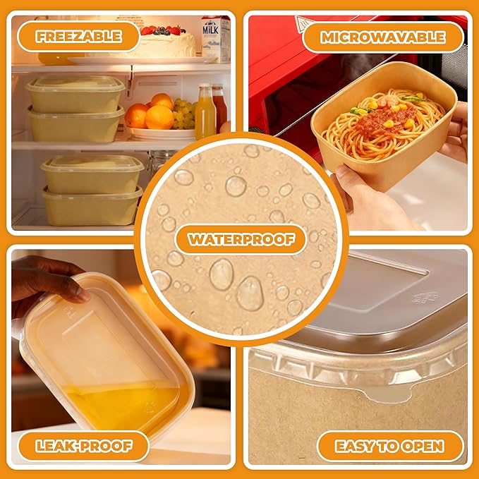 Kaderron 50 Pack 23 OZ Large Paper Bowls with Lids with Spoons and Forks, Heavy Duty Disposable Meal Prep Containers for Party, Soak-Proof and Microwave Safe for Hot/Cold Use