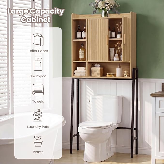 31" W Over The Toilet Storage Cabinet with Fluted Door,Bathroom Organizers and Storage with Adjustable Shelves, Mordern Over Toilet Organizer for Bathroom,Restroom,Laundry,Oak