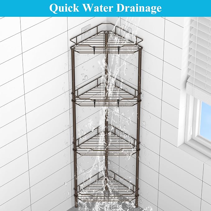HuggieGems 4 Tier Floor Standing Corner Shower Caddy Organizer Shelf with Hooks, Bathroom Shelves Stand Rack, Bronze