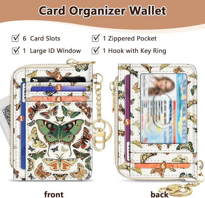 GIANCOMICS Slim Wallet Credit Card Holder Women, Butterfly Rfid Blocking Small Card Case, Keychain Thin Pocket Curved Zipper Wallet, Travel Card Holder PU Leather ID Window, Ladies Female Gifts