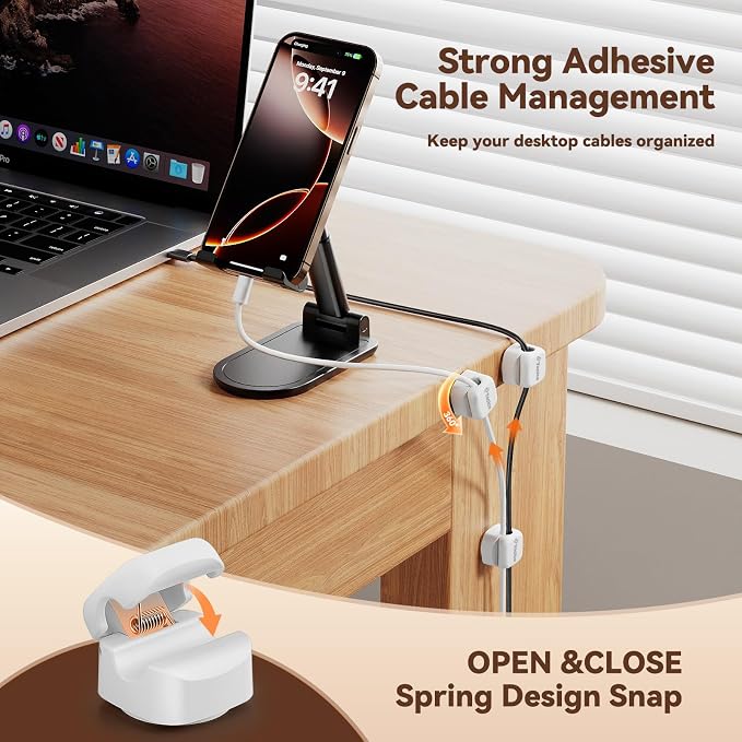 6Pack Rotatable Cord Organizer,Spring Cable Clips Desk Cable Management Cord Holder Adhesive Phone Charger Cord Clips for Home Office Car Wall Nightstand Accessories, White