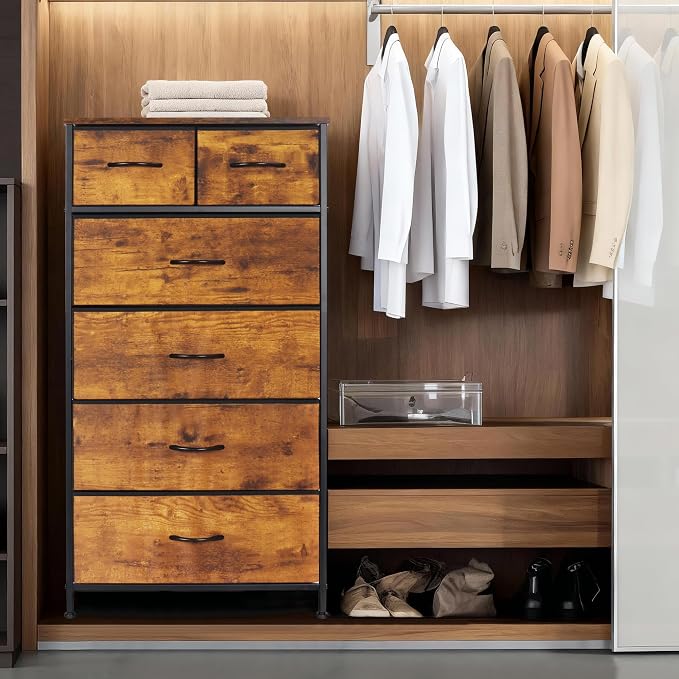 Mifuro Tall Dresser for Bedroom, Vertical Storage Organizer Tower with 6 Drawers, Chest of Drawers with Fabric Bins, Steel Frame, Wood Top for Bedroom, Closet, Entryway- Rustic Brown