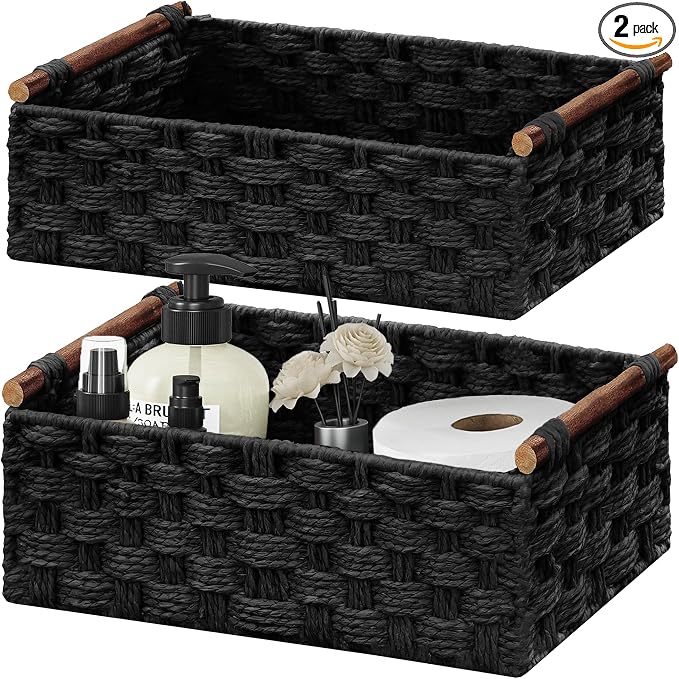 Vagusicc Wicker Storage Basket, Set of 2 Hand-Woven Paper Rope Wicker Basket for Organizing with Handle Decorative Storage Bins for Counter Pantry Shelves Toilet Paper Basket for Toilet Tank Top,Black