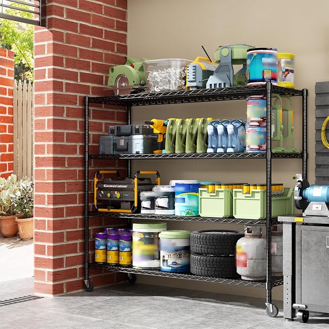 ROOMTEC 4-Tier Rolling Garage Shelving, 60"L*24"W*72"H, Max Loads 3200LBS | Wire Shelves with Wheels, Storage Rack Heavy Duty, Adjustable Metal Industrial Shelf for Kitchen,Pantry,Warehouse,Basement