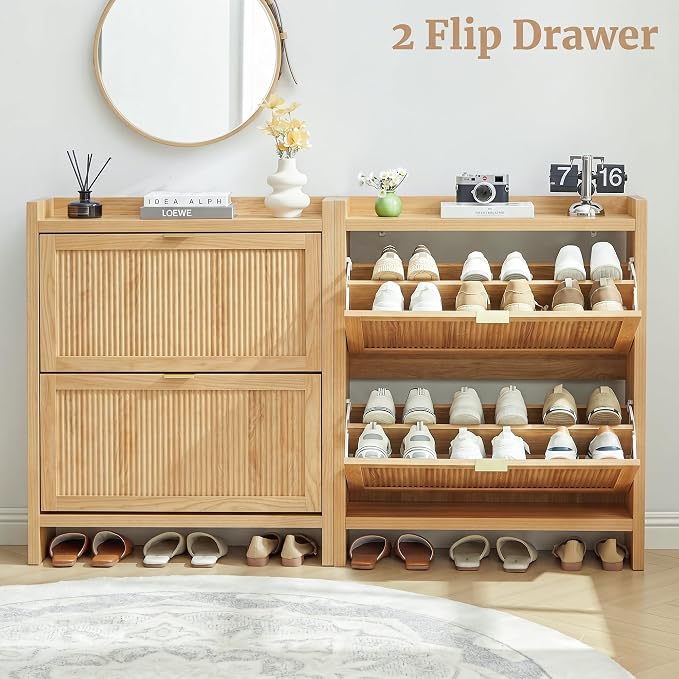 Fluted Shoe Storage Cabinet for Entryway, Farmhouse Narrow Shoe Organizer for Entryway with 2 Flip Drawers, Shoe Dresser for Hallway, Living Room (Natural)