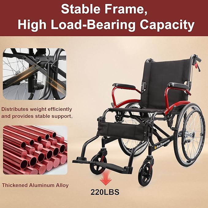 Wheelchairs for Adults,self-propelled Transport Chair,Foldable and Portable Travel Wheelchair with Swing-Away Footrests,Lightweight Transfer Wheelchairs for Adults adnd Seniors（Red）